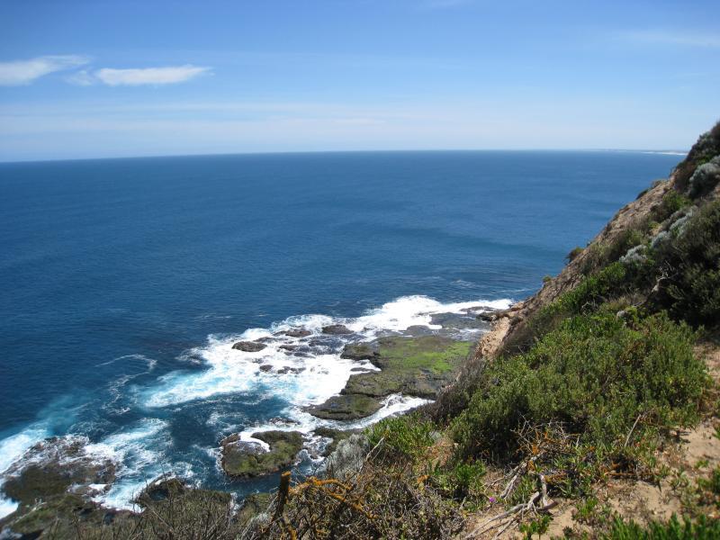 Cape Schanck - Cape Schanck Lighthouse Reserve, end of Cape Schanck Road: View north-west along coast from lookout near museum
