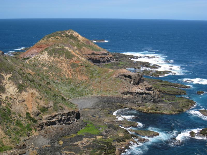 Cape Schanck - Cape Schanck Lighthouse Reserve, end of Cape Schanck Road: View south along coast from lookout at base of lighthouse