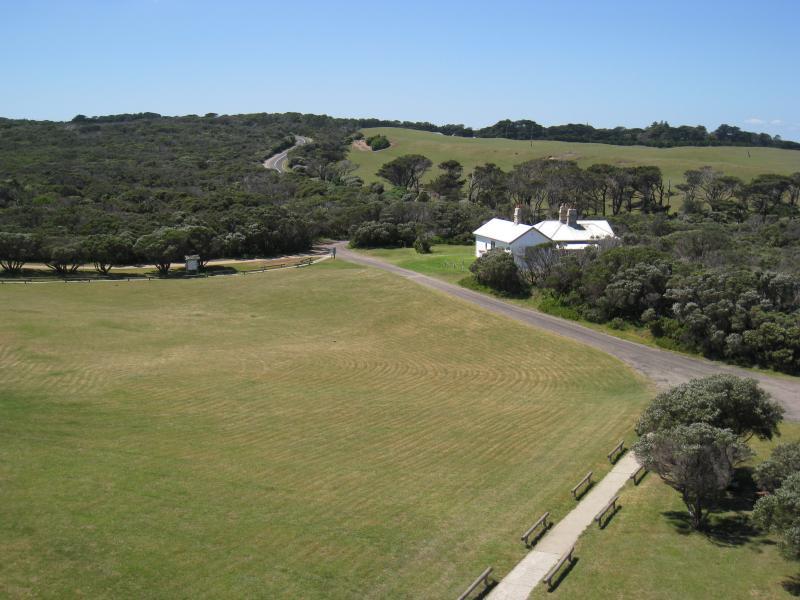 Cape Schanck - Cape Schanck Lighthouse Reserve, end of Cape Schanck Road: From top of lighthouse, view north-east towards white lighthouse keeper's cottage
