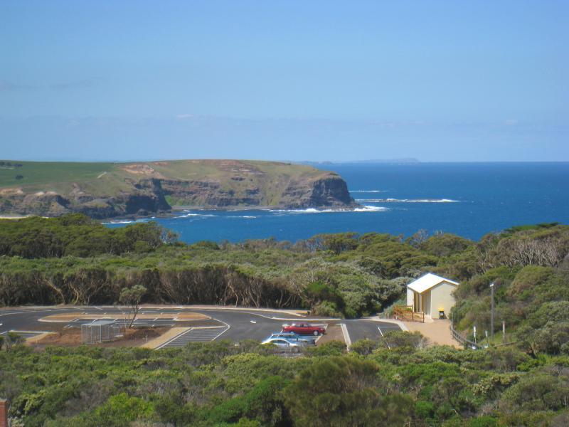 Cape Schanck - Cape Schanck Lighthouse Reserve, end of Cape Schanck Road: From top of lighthouse, view east towards car park and Picnic Point