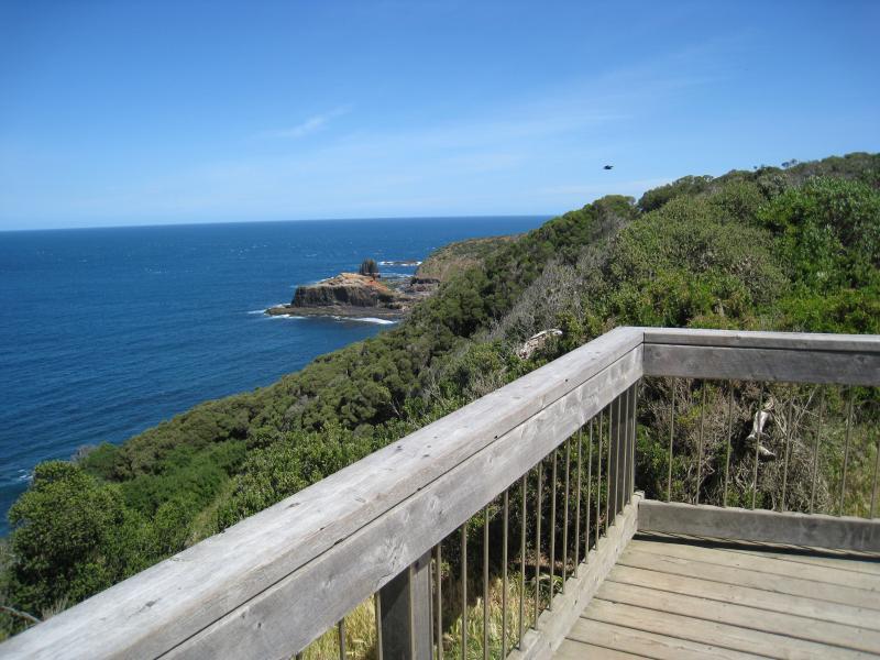 Cape Schanck - Walking tracks and lookouts around car park at end of Cape Schanck Road: View south along coast from lookout east of car park