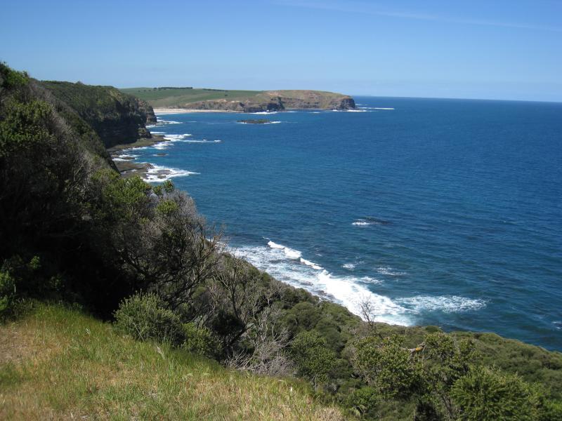 Cape Schanck - Walking tracks and lookouts around car park at end of Cape Schanck Road: View east across Bushrangers Bay towards Picnic Point from lookout east of car park