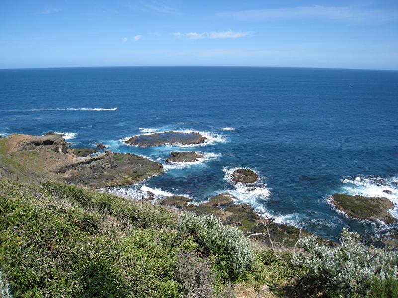 Cape Schanck - Walking tracks and lookouts around car park at end of Cape Schanck Road: View of western coastline from walking track
