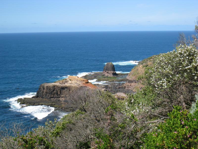 Cape Schanck - Walking tracks and lookouts around car park at end of Cape Schanck Road: View south along coast from lookout south of car park