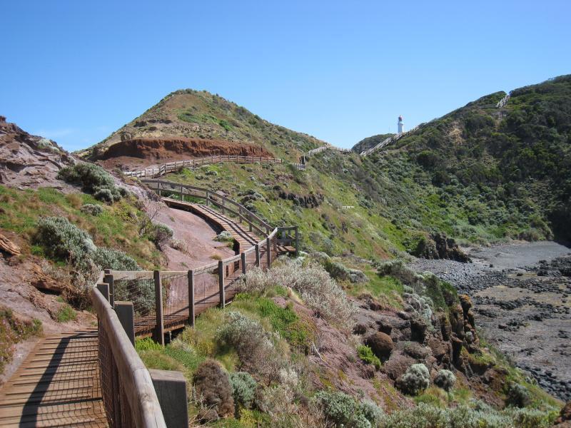 Cape Schanck - Cape Schanck Boardwalk: View north-west up boardwalk towards lighthouse