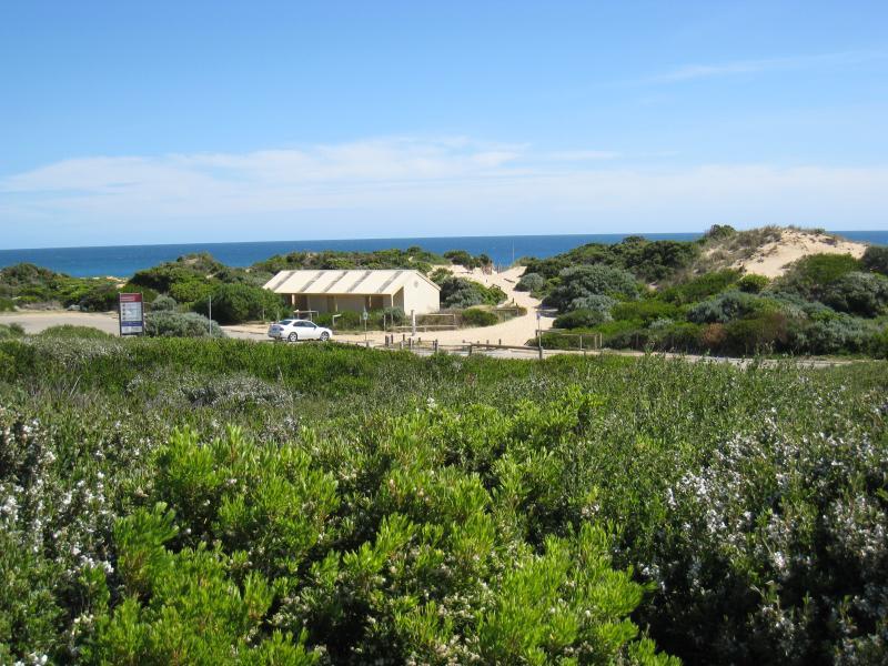 Cape Schanck - Gunnamatta Beach, section where Truemans Road meets the coast: View towards car park and beach from Truemans Rd