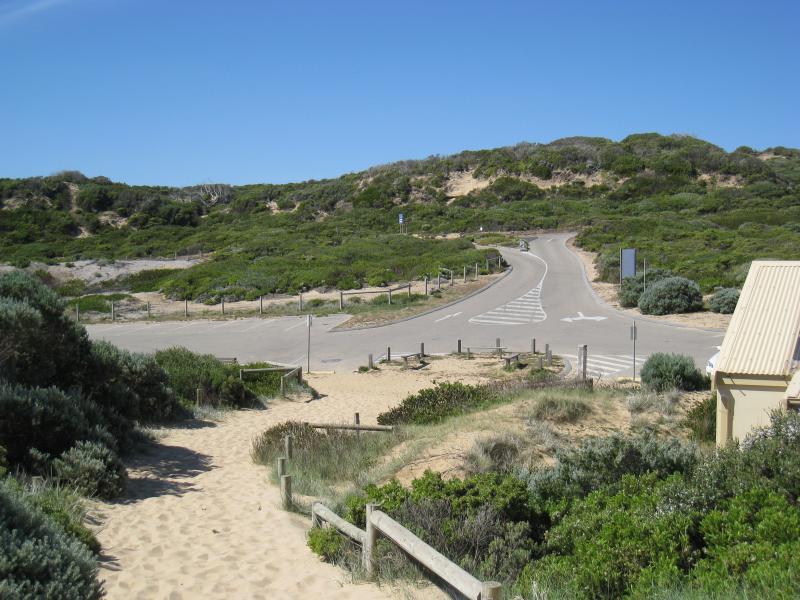 Cape Schanck - Gunnamatta Beach, section where Truemans Road meets the coast: View of car park from sand dunes along beach