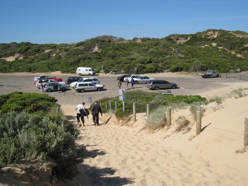 Cape Schanck - Gunnamatta Beach, section at very end of Truemans Road: View towards car park from sand dunes along beach