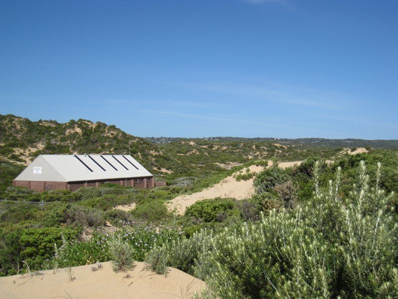 Cape Schanck - Gunnamatta Beach, section at very end of Truemans Road: View across sand dunes towards Gunnamatta Surf Life Saving Club