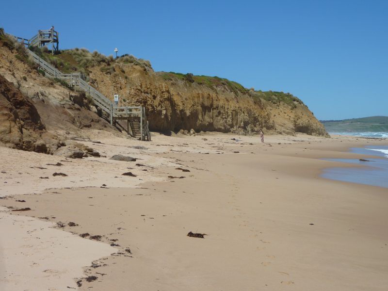 Cape Woolamai - The Colonnades, Woolamai Surf Beach, The Boulevard: South-easterly view along beach towards steps and lookout
