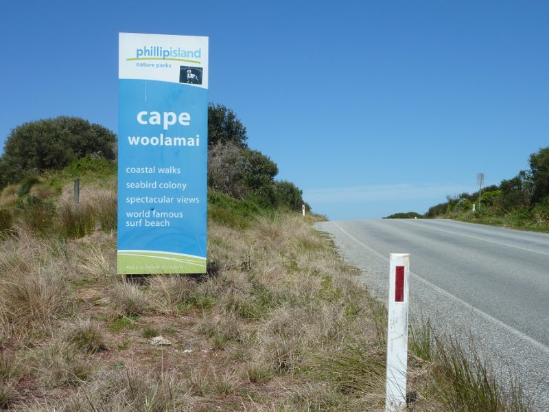 Cape Woolamai - Scenery along Woolamai Beach Road: Cape Woolamai sign along Woolamai Beach Rd south of The Cranny