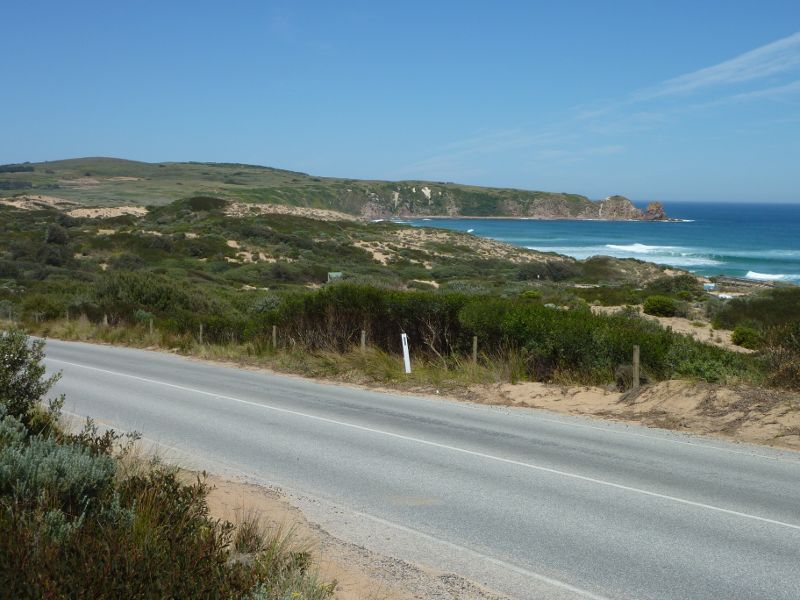 Cape Woolamai - Scenery along Woolamai Beach Road: View across Woolamai Beach Rd towards The Pinnacles