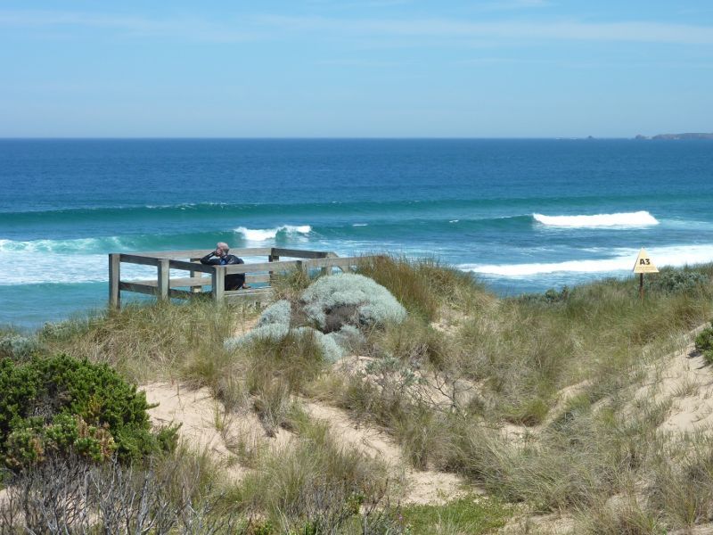 Cape Woolamai - Anzacs Beach, Woolamai Beach Road: View towards lookout and ocean from car park