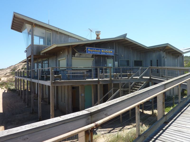 Cape Woolamai - Woolamai Surf Beach at surf lifesaving club, Woolamai Beach Road: Elevated walkway around surf lifesaving club and kiosk
