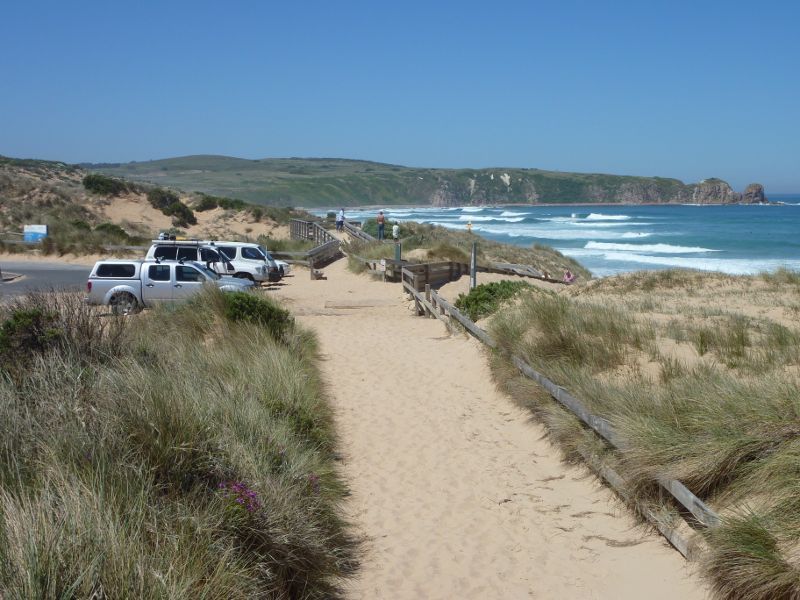 Cape Woolamai - Woolamai Surf Beach at surf lifesaving club, Woolamai Beach Road: View from surf lifesaving club towards car park and along coast