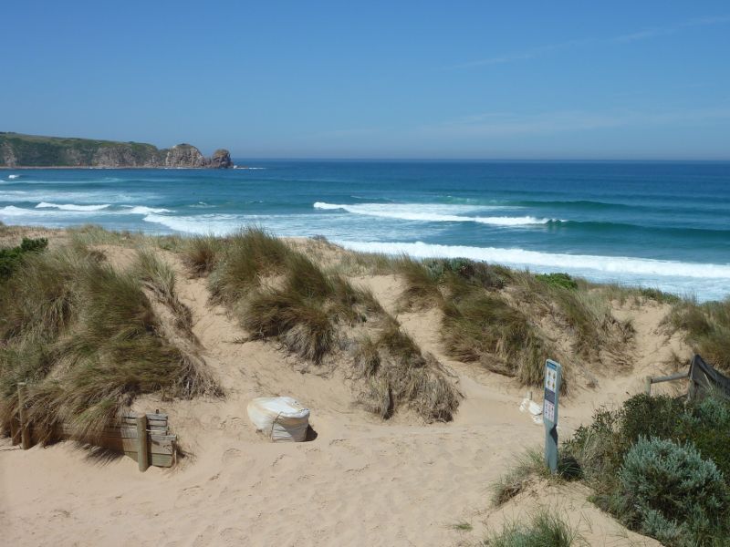 Cape Woolamai - Woolamai Surf Beach at surf lifesaving club, Woolamai Beach Road: View from surf lifesaving club across sand dunes towards The Pinnacles