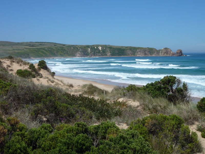 Cape Woolamai - Woolamai Surf Beach at surf lifesaving club, Woolamai Beach Road: View towards The Pinnacles from viewing deck near car park