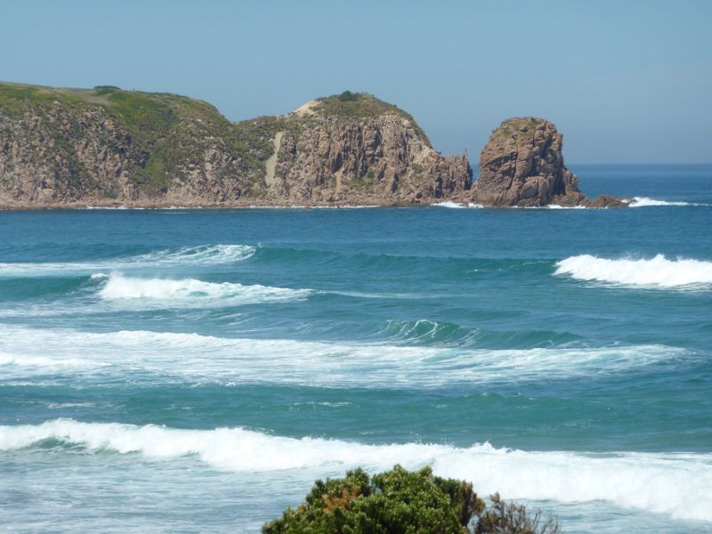 Cape Woolamai - Woolamai Surf Beach at surf lifesaving club, Woolamai Beach Road: View of The Pinnacles from viewing deck near car park