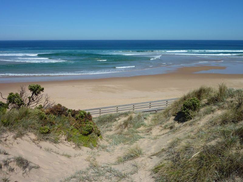 Cape Woolamai - Woolamai Surf Beach at surf lifesaving club, Woolamai Beach Road: View down to beach from viewing deck near car park