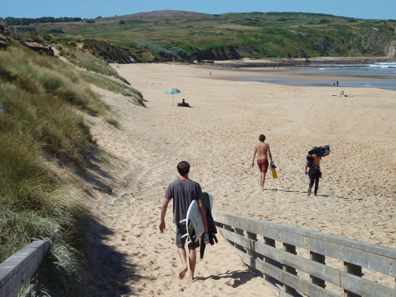 Cape Woolamai - Woolamai Surf Beach at surf lifesaving club, Woolamai Beach Road: South-easterly view along beach from walkway to car park