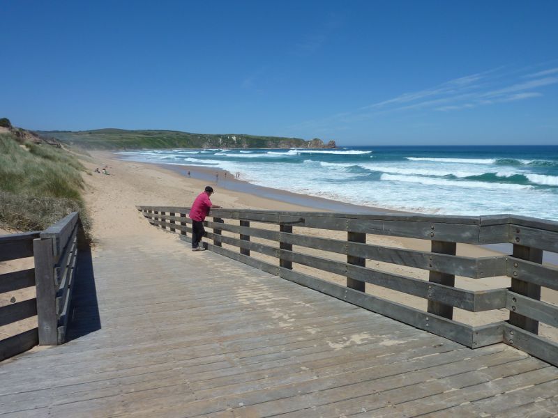 Cape Woolamai - Woolamai Surf Beach at surf lifesaving club, Woolamai Beach Road: View south-east along beach from walkway to car park