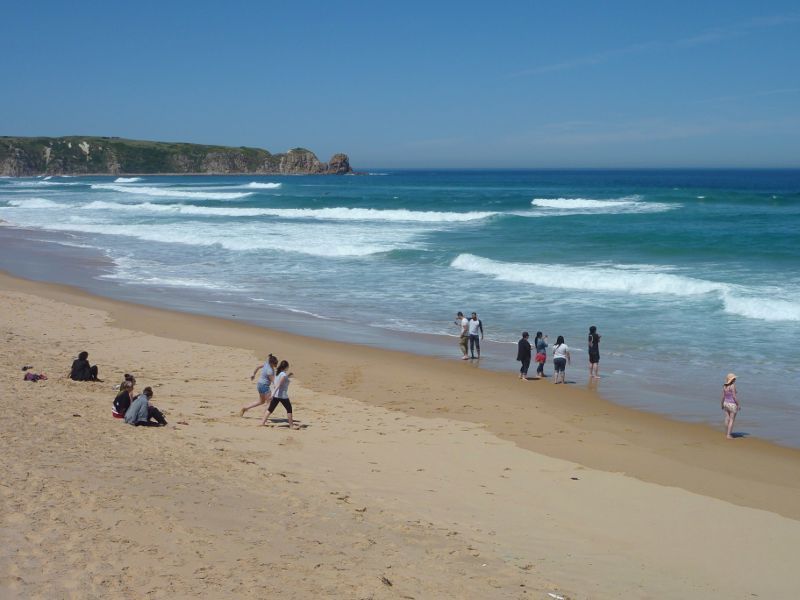 Cape Woolamai - Woolamai Surf Beach at surf lifesaving club, Woolamai Beach Road: South-easterly view along beach towards The Pinnacles