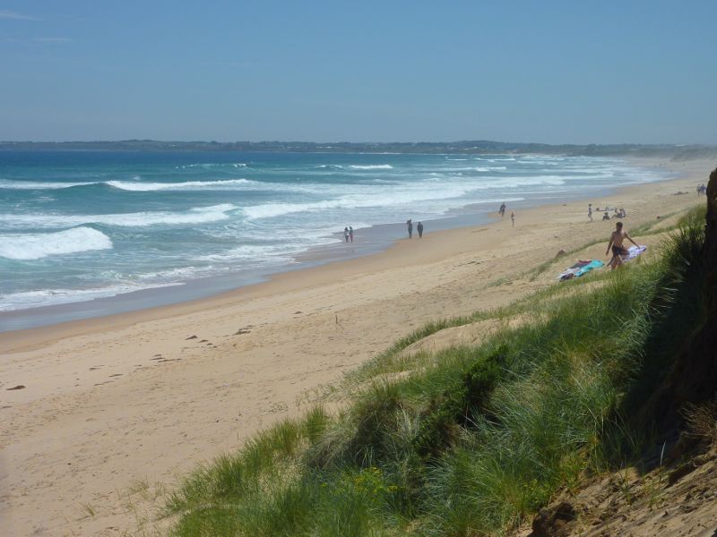 Cape Woolamai - Woolamai Surf Beach at surf lifesaving club, Woolamai Beach Road: North-westerly view along beach from sand dunes