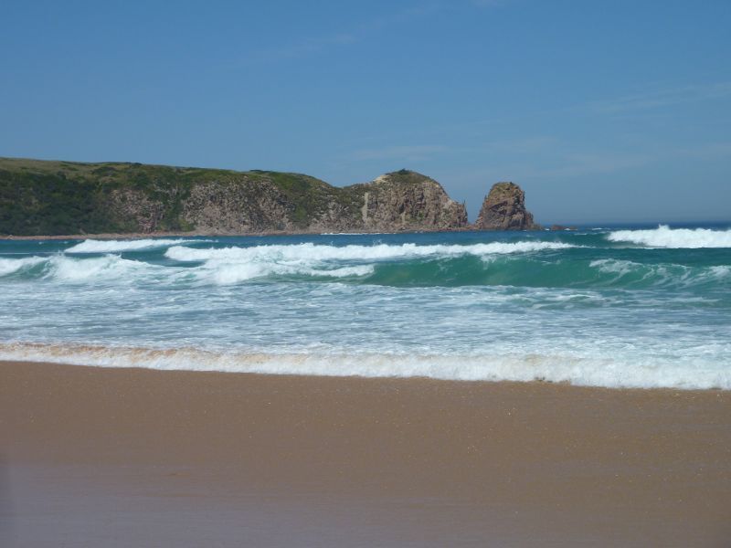 Cape Woolamai - Woolamai Surf Beach at surf lifesaving club, Woolamai Beach Road: View across ocean towards The Pinnacles