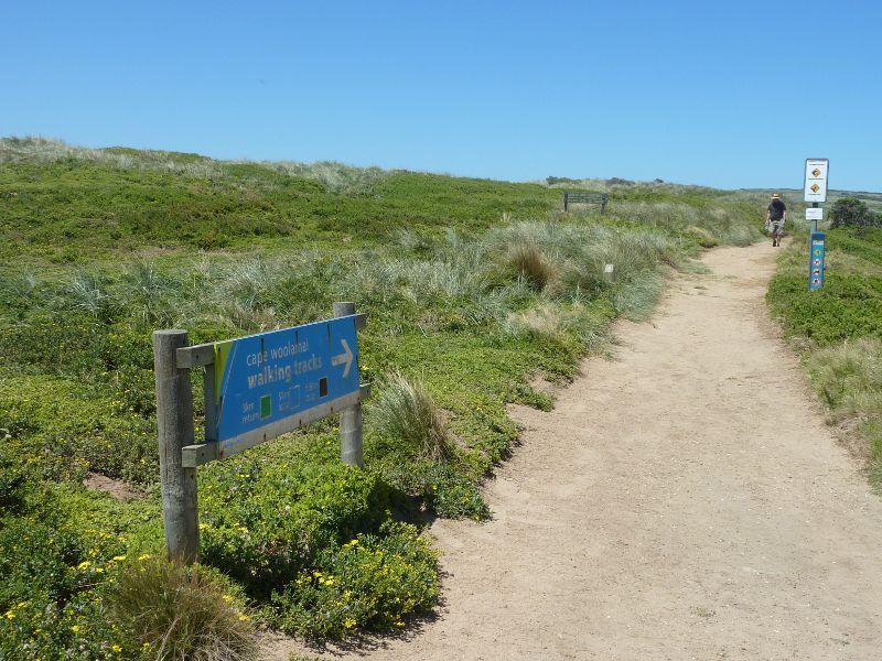 Cape Woolamai - Cape Woolamai Trail near Magic Lands Beach: View south-east along trail at steps to Magic Lands Beach