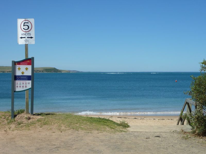 Cape Woolamai - Beach at Cleeland Bight, The Esplanade near Cottosloe Avenue - Easterly view at steps down to beach