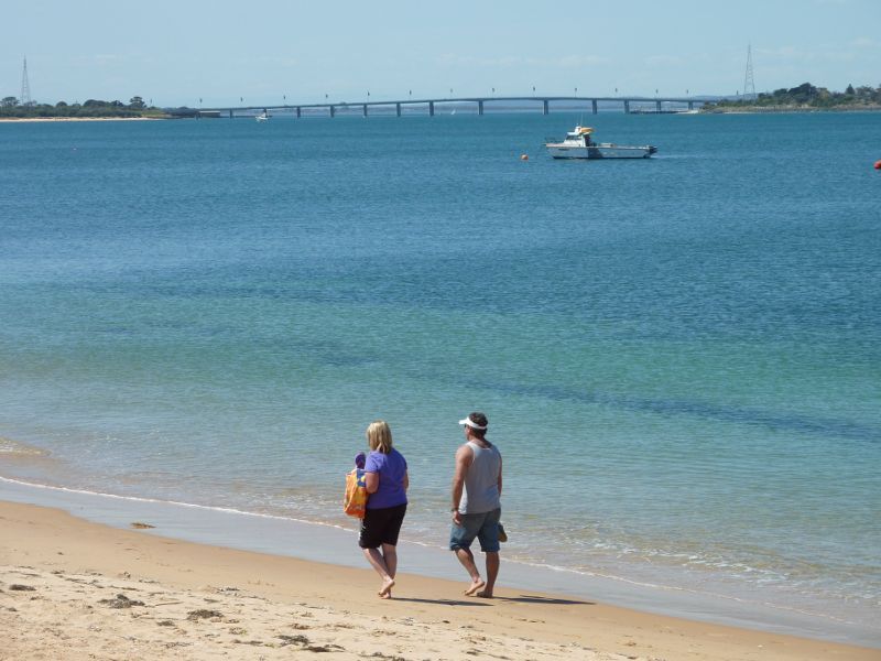 Cape Woolamai - Beach at Cleeland Bight, The Esplanade near Cottosloe Avenue: North-easterly view across channel towards Phillip Island Bridge