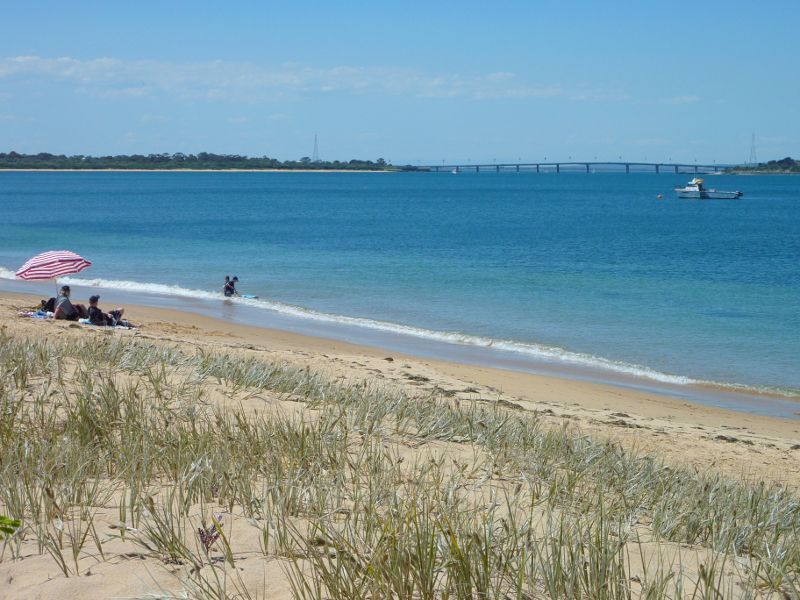 Cape Woolamai - Beach at Cleeland Bight, The Esplanade near Cottosloe Avenue - North-easterly view across beach towards Phillip Island Bridge