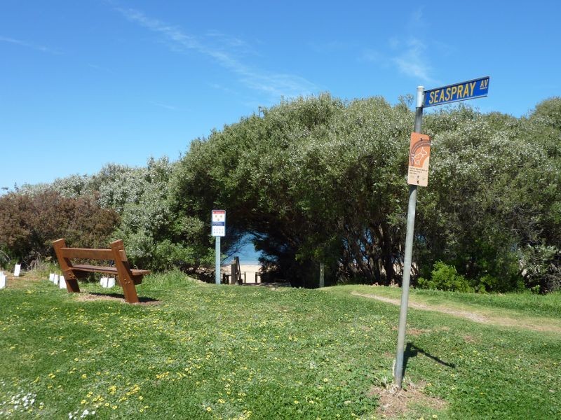 Cape Woolamai - Coastal scenery at east end of Seaspray Avenue - Lawn and pathway to beach at end of Seaspray Av