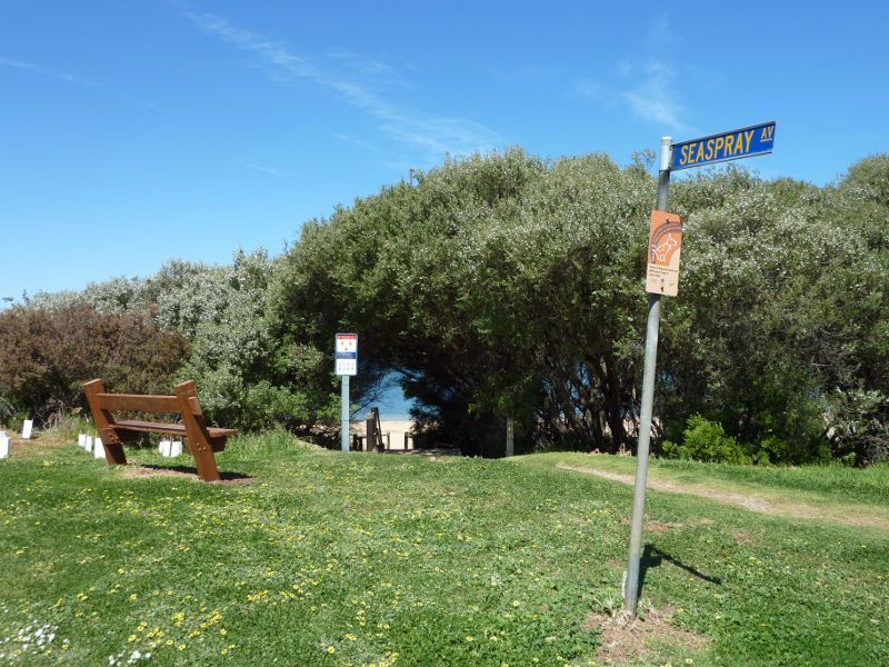 Cape Woolamai - Coastal scenery at east end of Seaspray Avenue: Lawn and pathway to beach at end of Seaspray Av