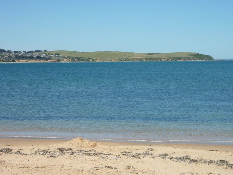 Cape Woolamai - Beach along The Esplanade near Seaspray Avenue - South-easterly view across channel towards San Remo and Griffiths Point