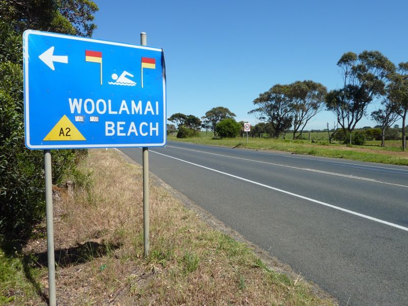 Cape Woolamai - Phillip Island Road: Woolamai Beach sign, Phillip Island Rd east of Woolamai Beach Rd