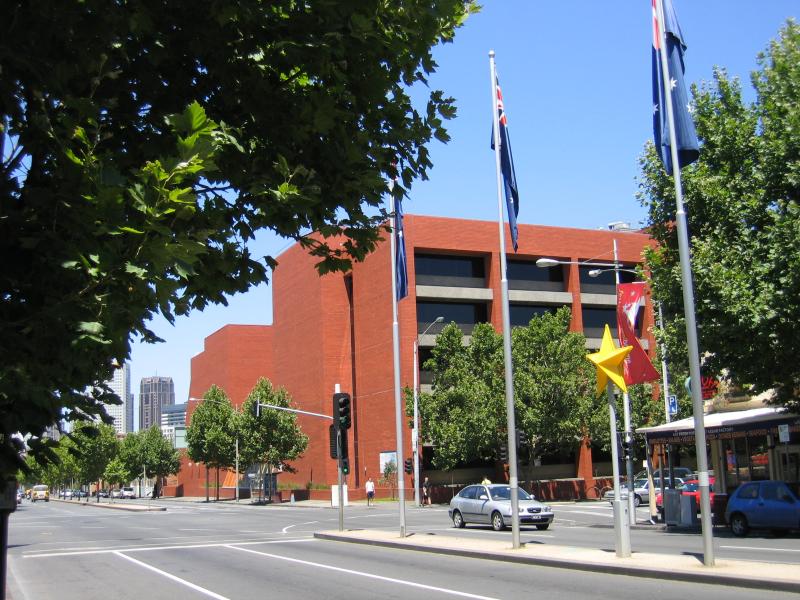 Carlton - Lygon Street, commercial centre and restaurants: View south along Lygon St at Queensberry St towards RMIT Tafe