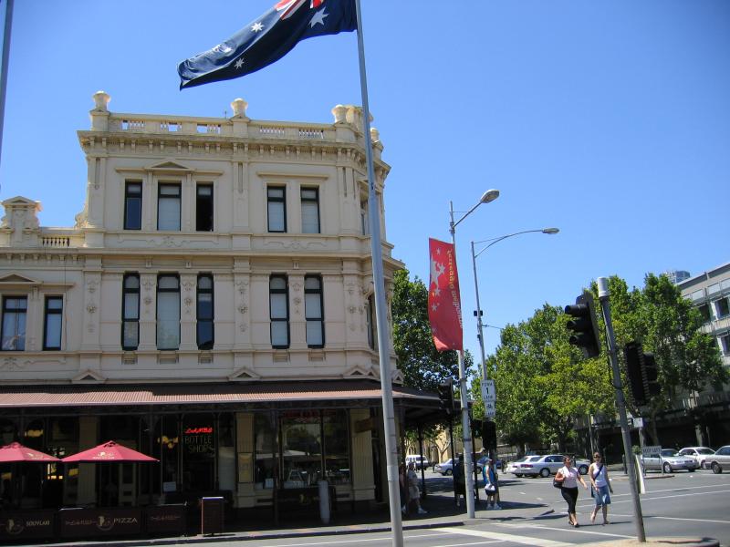 Carlton - Lygon Street, commercial centre and restaurants: View east along Queensberry St at Lygon St