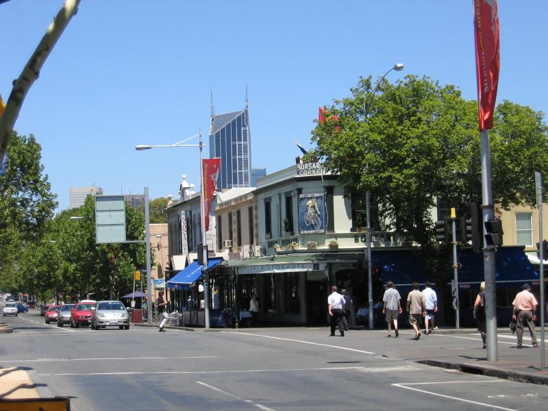 Carlton - Lygon Street, commercial centre and restaurants: View south along Lygon St at Grattan St towards Borsari's Corner
