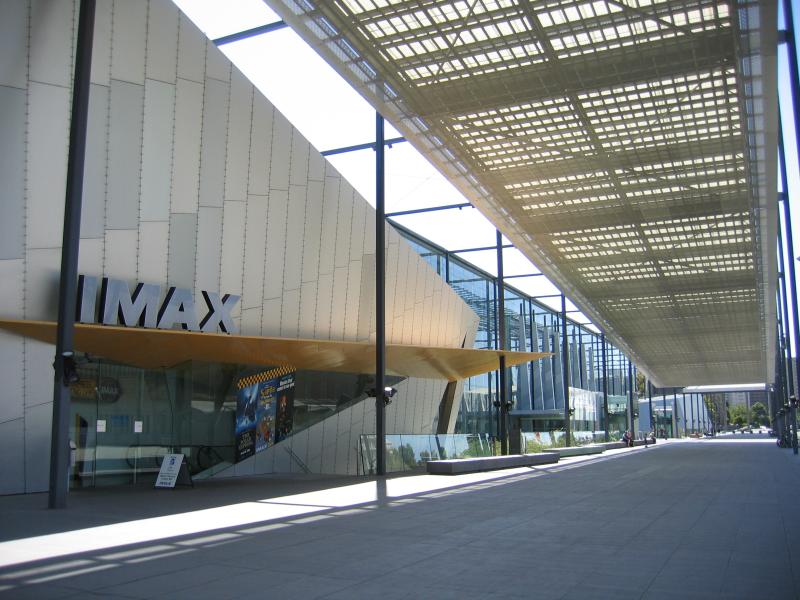 Carlton - Melbourne Museum, Carlton Gardens: IMAX theatre with museum main entrance in background