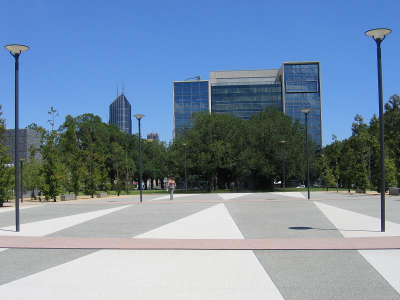 Carlton - University Square and surroundings: View south through University Square Plaza from Grattan St