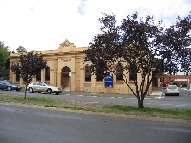Castlemaine - Shops and commercial centre along Barker, Mostyn and Lyttleton Streets: Castlemaine Library, corner Barker St and Mechanics La