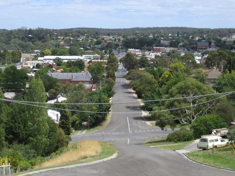 Castlemaine - Burke and Wills memorial, east end of Mostyn Street: View west along Mostyn St from memorial towards town centre