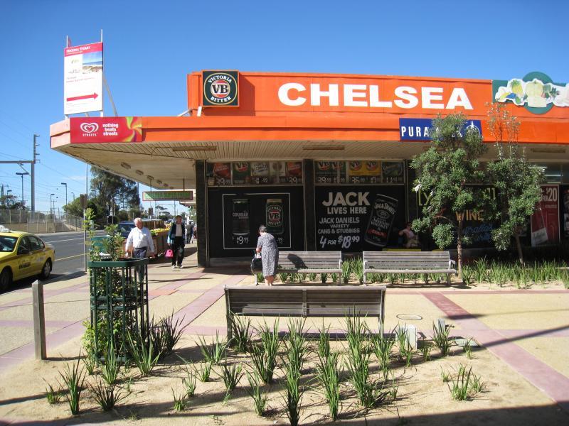 Chelsea - Shops and commercial centre along Nepean Highway: View south across The Strand at Nepean Hwy
