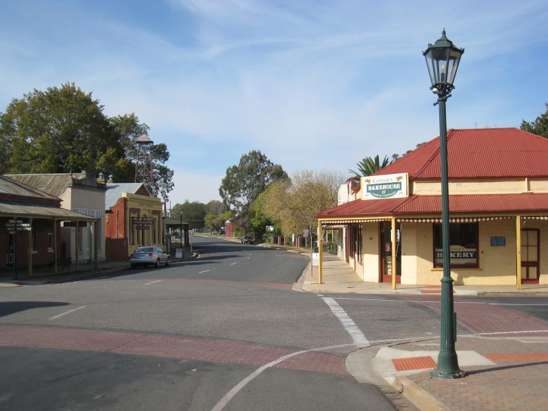 Chiltern - Shops and commercial centre, Conness Street and Main Street: View east along Conness St at Main St towards bakery