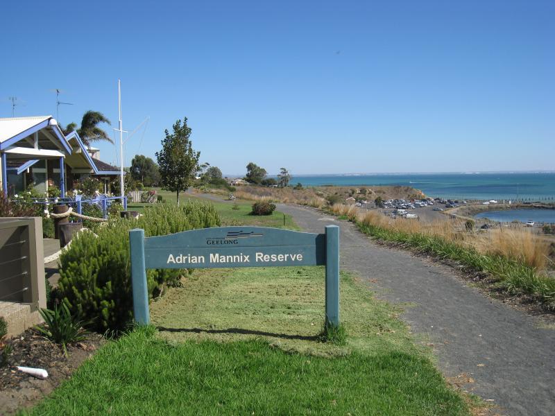 Clifton Springs - Adrian Mannix Reserve and views of Clifton Springs Boat Harbour: Start of pathway through Adrian Mannix Reserve at north end of Jetty Rd