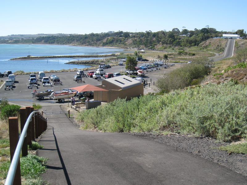 Clifton Springs - Adrian Mannix Reserve and views of Clifton Springs Boat Harbour: View down to car park at boat harbour from reserve