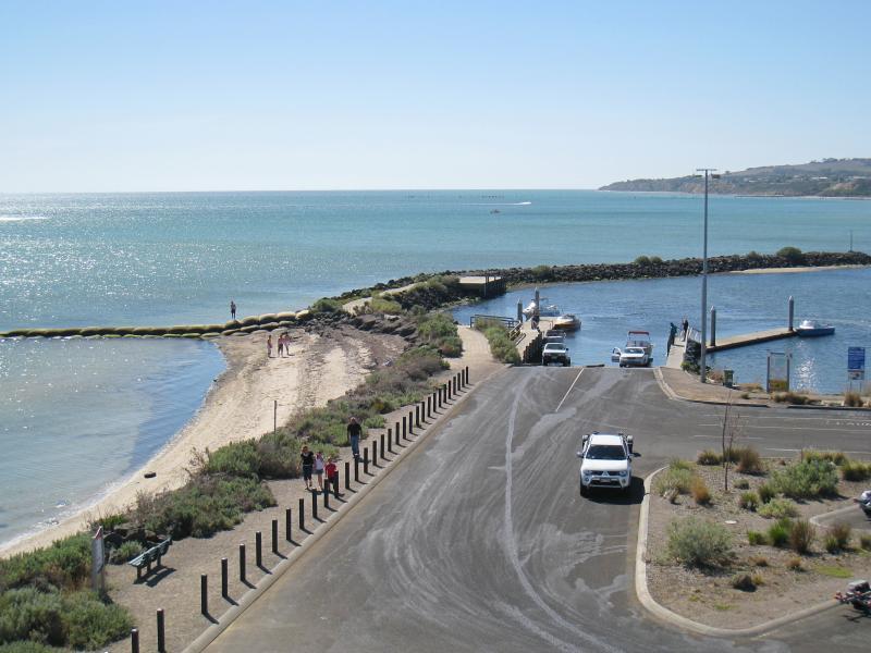 Clifton Springs - Adrian Mannix Reserve and views of Clifton Springs Boat Harbour - View down to boat ramp at boat harbour from reserve