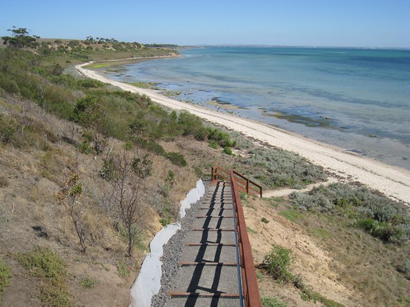 Clifton Springs - Adrian Mannix Reserve and views of Clifton Springs Boat Harbour: Pathway down to beach from reserve