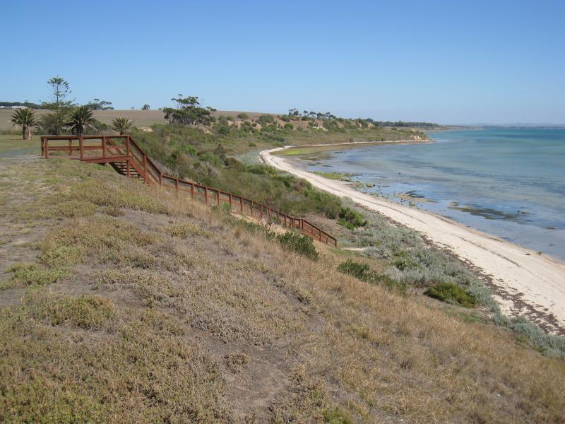 Clifton Springs - Adrian Mannix Reserve and views of Clifton Springs Boat Harbour: View west along coast from reserve